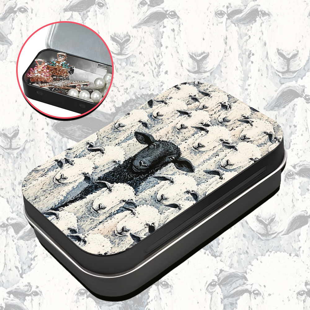 TEMU 1pc Square Metal Hinged Tin Box, Black And White Flock Of Sheep With Black Sheep Pattern Style, Small Storage Box & Home Organizer With Lids For