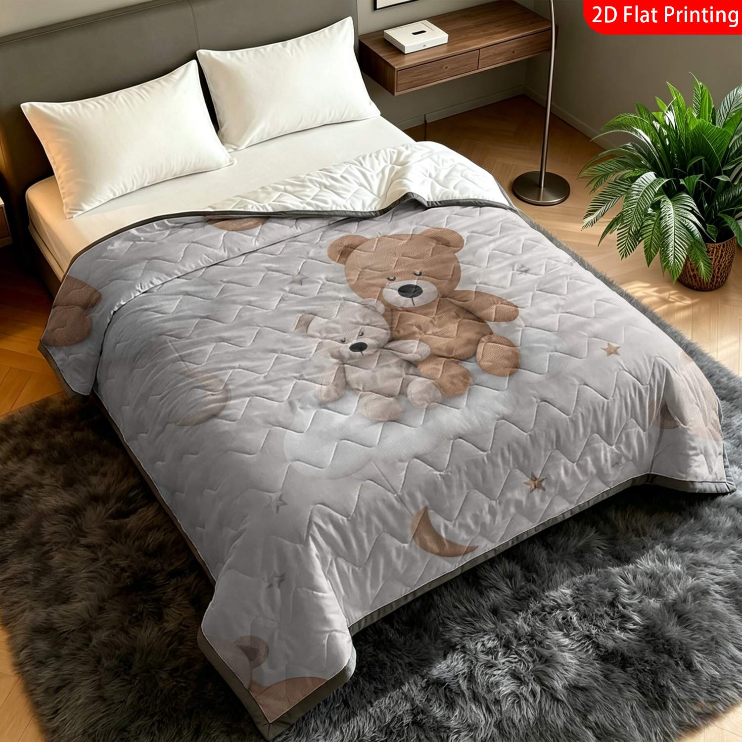 Thin Quilt Cartoon Bear Cloud Moon Star Pattern Blanket, Machine Washable