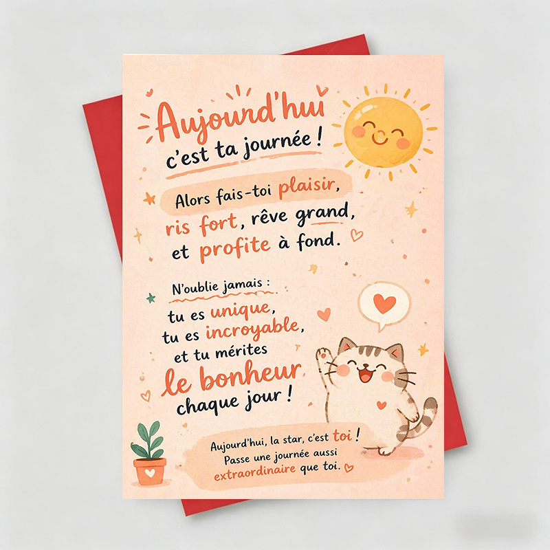 TEMU 1 Carte de vœux et 1 enveloppe, carte de vœux d'anniversaire chaleureuse en français, soleil et avec des vœux sincères, "Aujourd'hui est votre