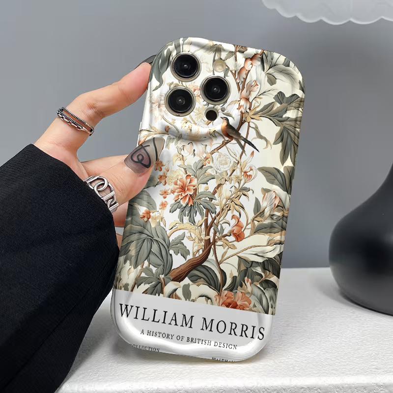 TEMU Phone Case: 2d Flat Curly Wavy Border Phone Case With William Floral Bird On Branch Design. Suitable For Iphone 17/16e/16/15/14/13/12/11/8/7