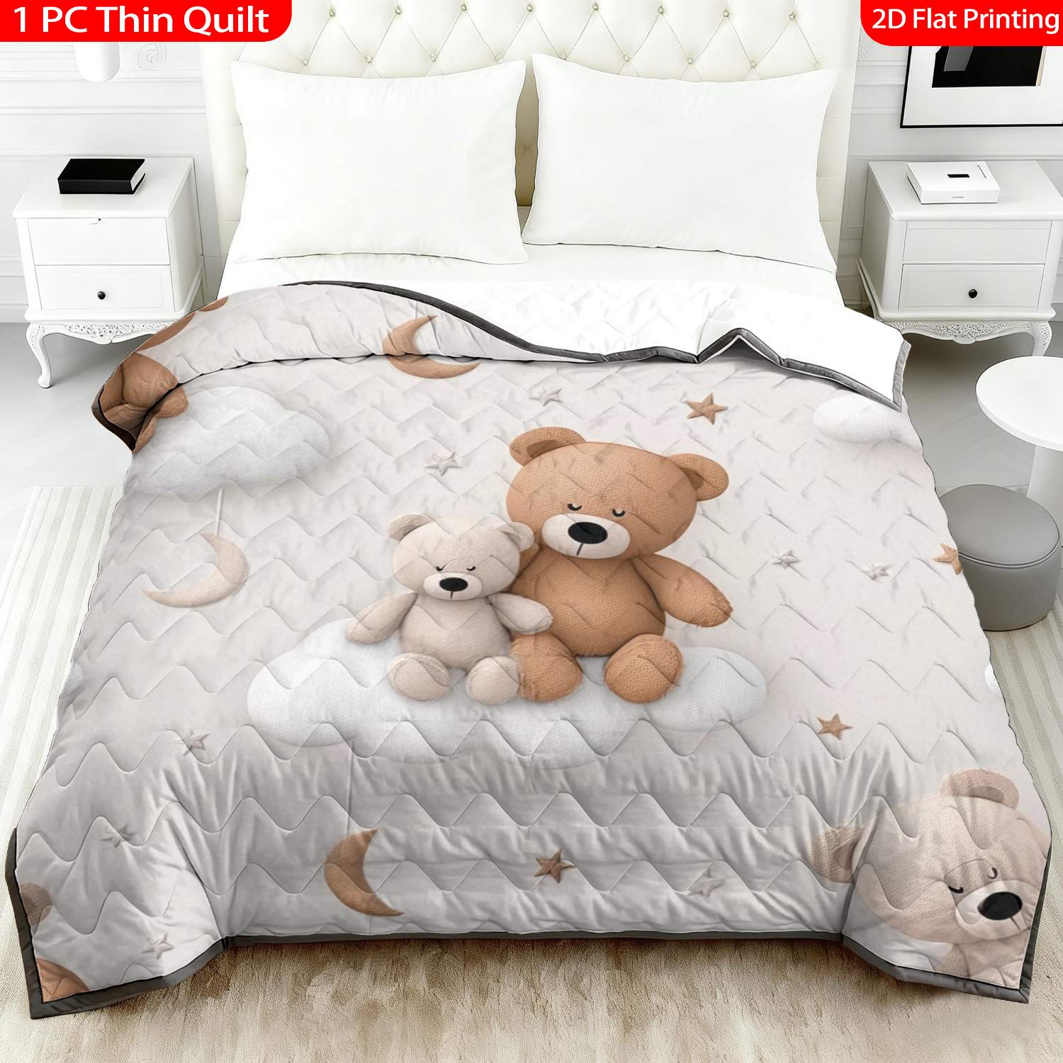 Thin Quilt Cartoon Bear Cloud Moon Star Pattern Blanket, Machine Washable