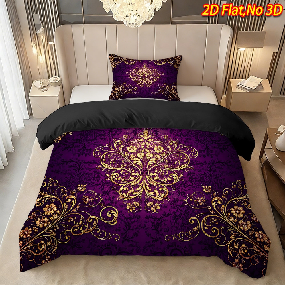 TEMU 2/3pcs 2d Flat Printing Spring Summer New Retro Luxury Purple Base Gilded Scroll Floral Pattern Soft Duvet Cover Set (1 X Duvet Cover And