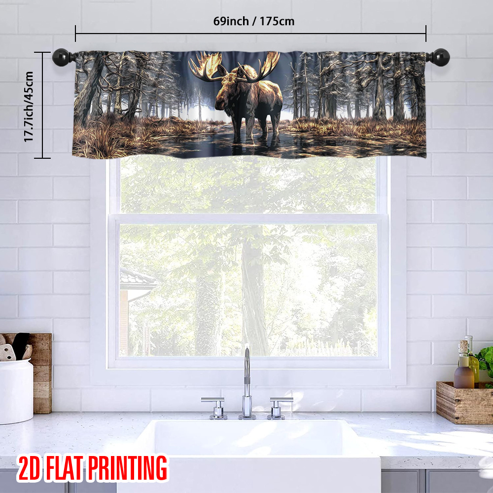 TEMU 2d Flat - 2d Flat - 2d Flat - 1pc Moose Standing In Forest Clearing Valance Curtain With 2d Flat Print And Rod Pocket, Easy To Set Up, Suitable