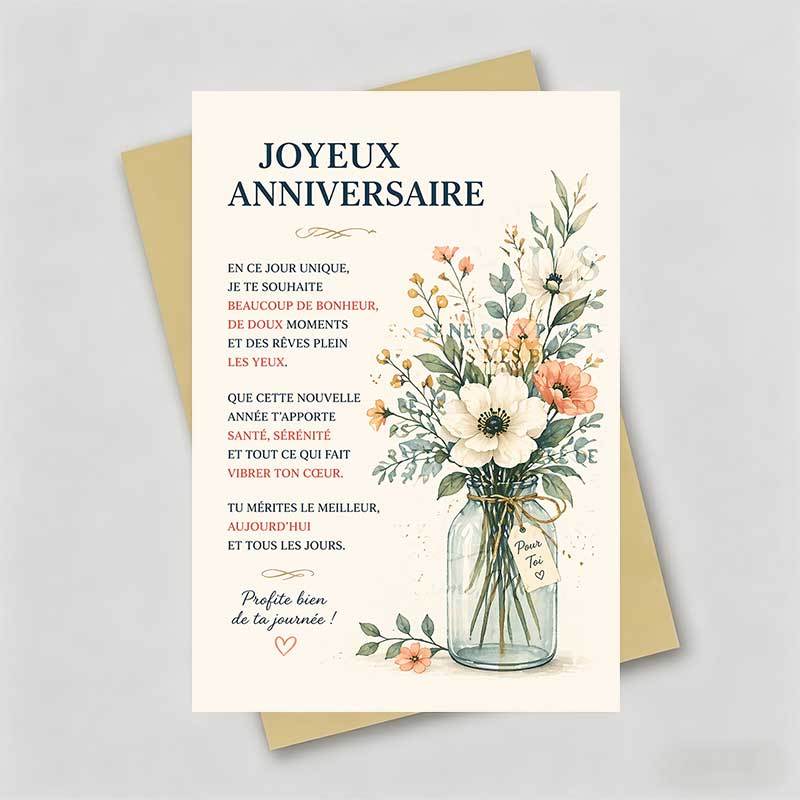 TEMU 1 Carte de vœux + 1 Enveloppe, Carte de vœux d'anniversaire , dans un pot en verre et vœux français, " Anniversaire", Convient , à et aux êtres