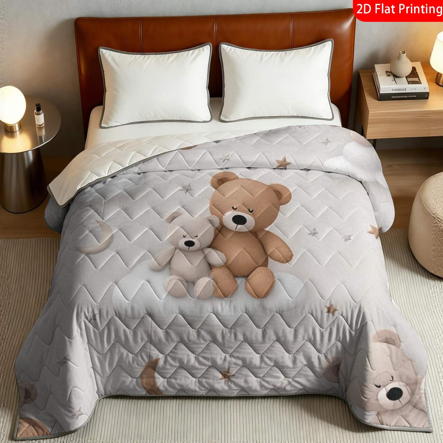 Thin Quilt Cartoon Bear Cloud Moon Star Pattern Blanket, Machine Washable