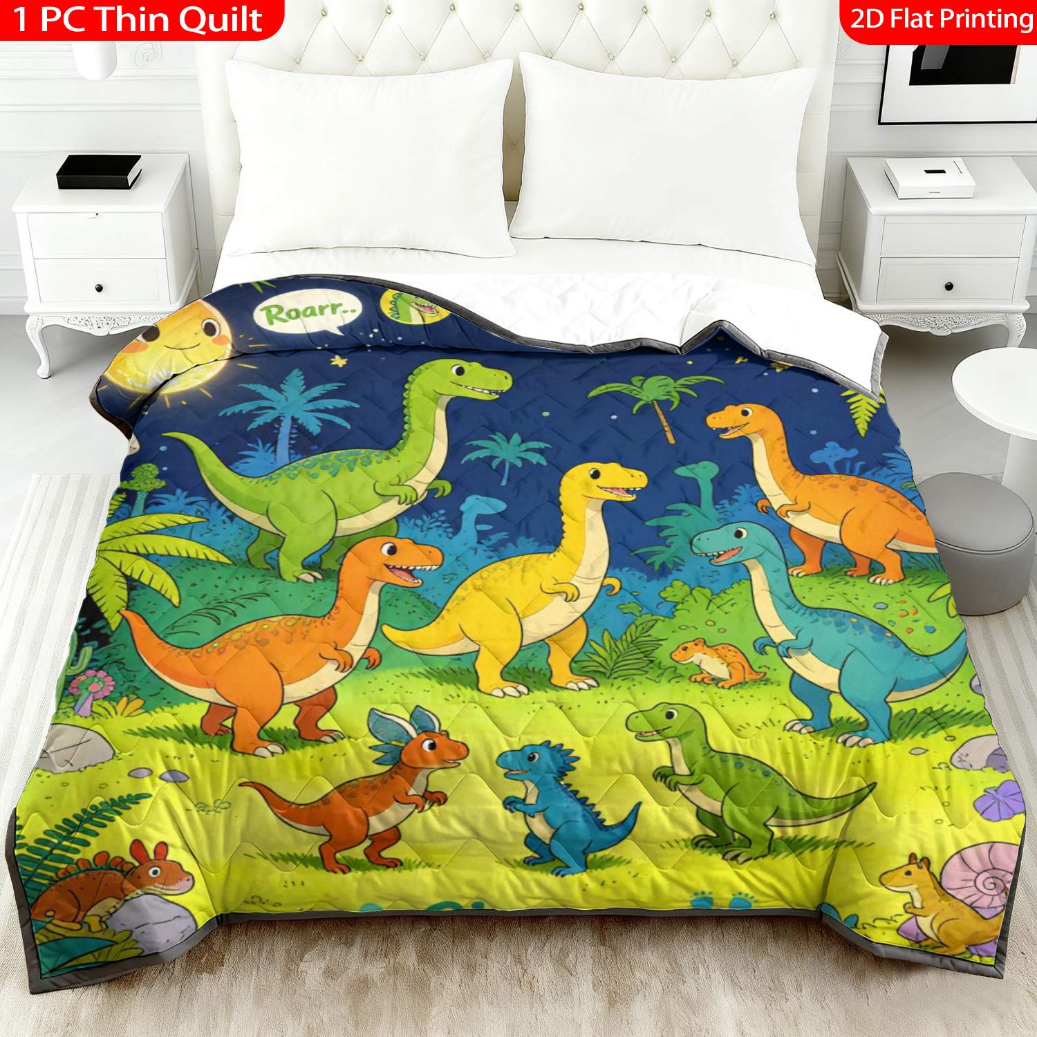 TEMU 1pc Thin Quilt 2d Flat Print Dinosaur Pattern With Moon Star Palm Tree Colorful Cartoon Design Machine Washable And Resistant To Deformation