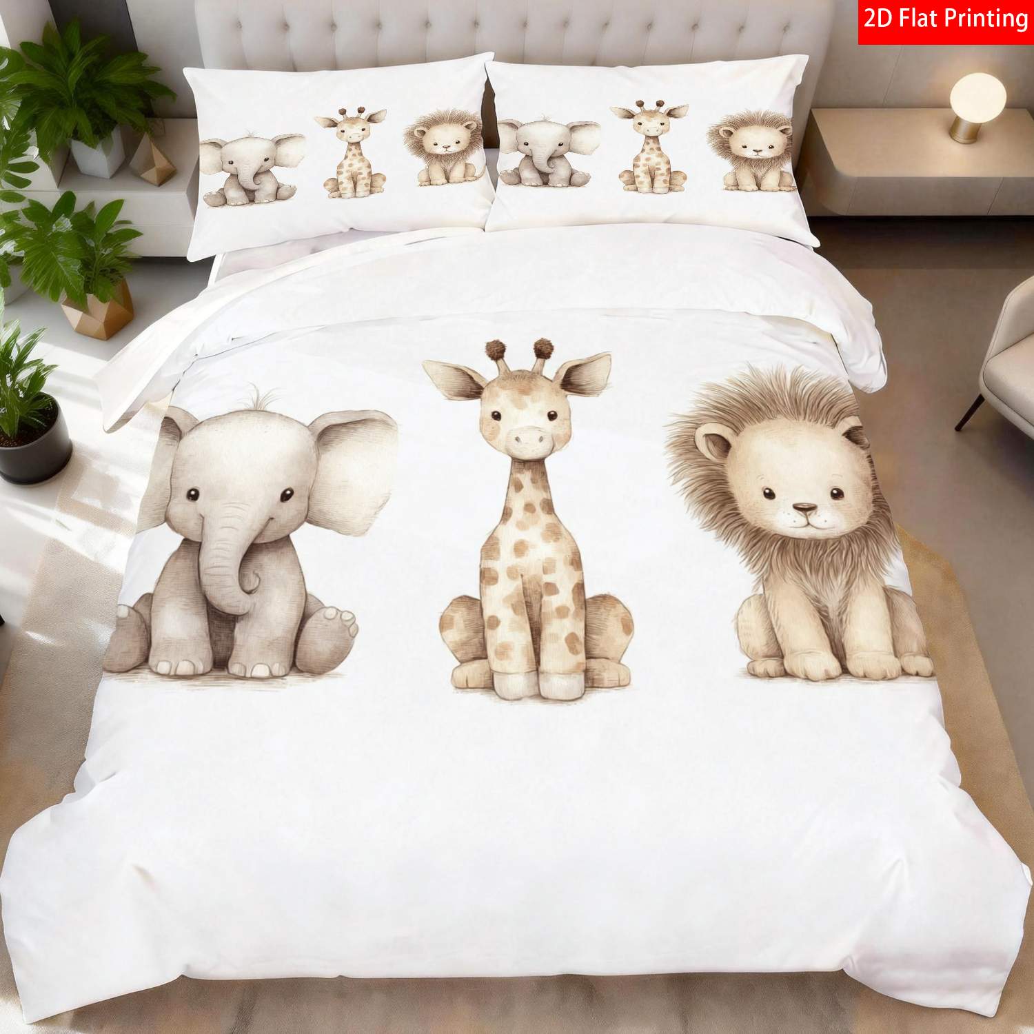 Cute Animal Themed Quilt Cover Bedding Set, Beige & White Prints