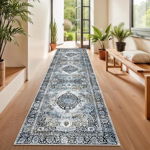 1pc vintage distressed persian geometric runner rug 2d flat printed runner rug with gradient tones and patterns suitable for living room hallway bedroom bedside balcony terrace office entryway kitchen dining room