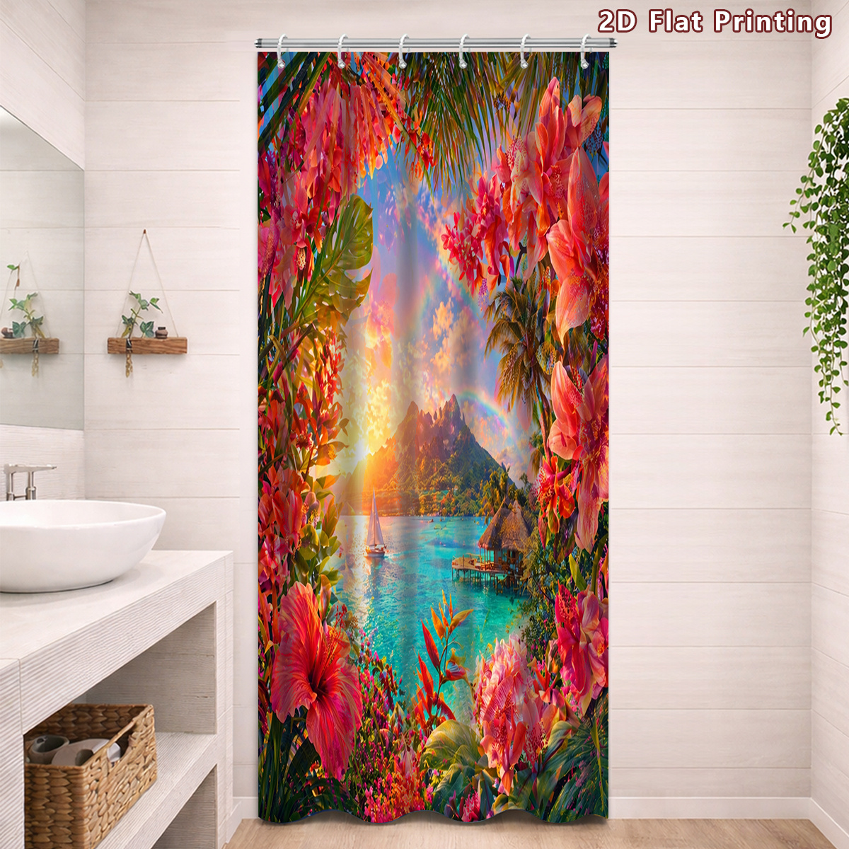 4pcs Tropical Paradise Shower Curtain Set with Bath Mat & U-Shaped Mat