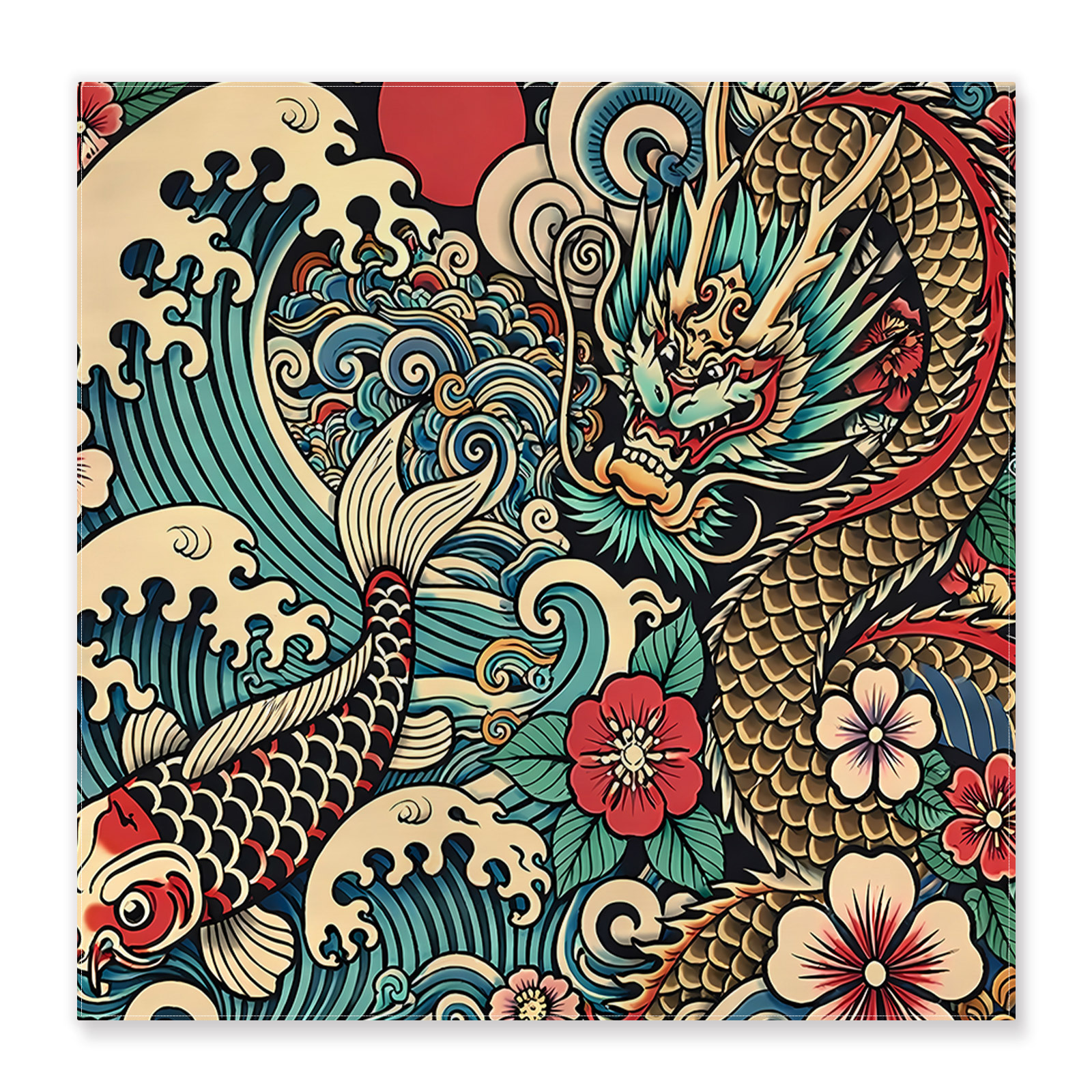 TEMU 1pc 2d Printed Headscarf. 50x50cm. Japanese Dragon, Waves, Intricate Design Lightweight And Suitable For , Featuring Vibrant, Colorful, And