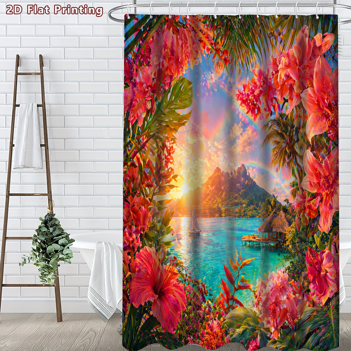 4pcs Tropical Paradise Shower Curtain Set with Bath Mat & U-Shaped Mat