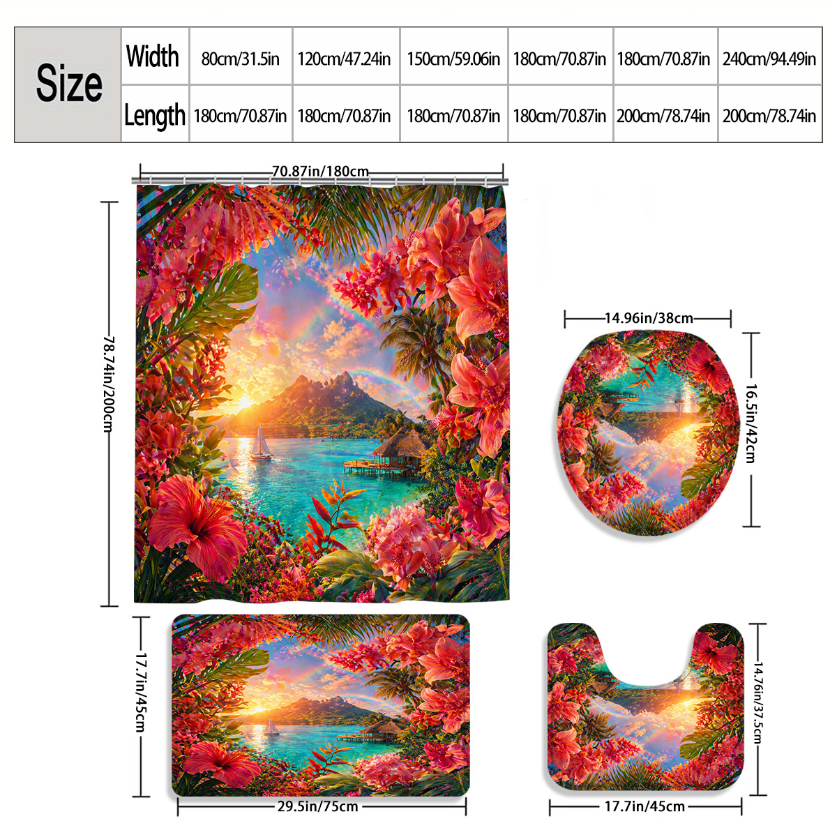 4pcs Tropical Paradise Shower Curtain Set with Bath Mat & U-Shaped Mat