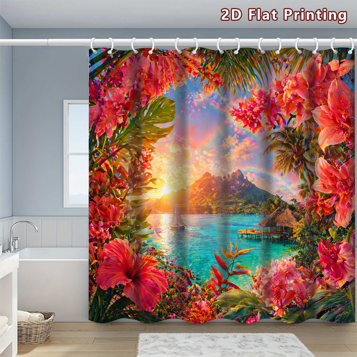 4pcs Tropical Paradise Shower Curtain Set with Bath Mat & U-Shaped Mat