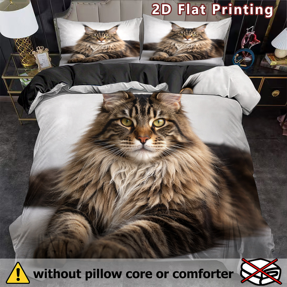 TEMU 3pcs 2d Flat Maine Coon Cat Duvet Cover Set, Realistic Print, Animal Print, Breathable Polyester, , Machine Washable, , No Insert For Bedding