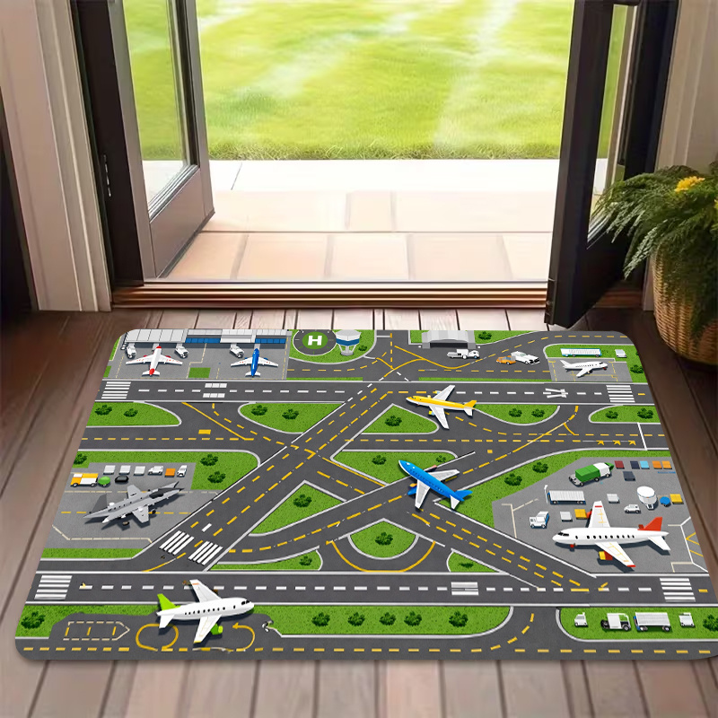 TEMU 1pc, 2d Flat Printing, Airport Traffic Pattern Entrance Door Mat, Colorful Non-slip, Machine-washable Polyester Rug, Suitable For Home Decor,