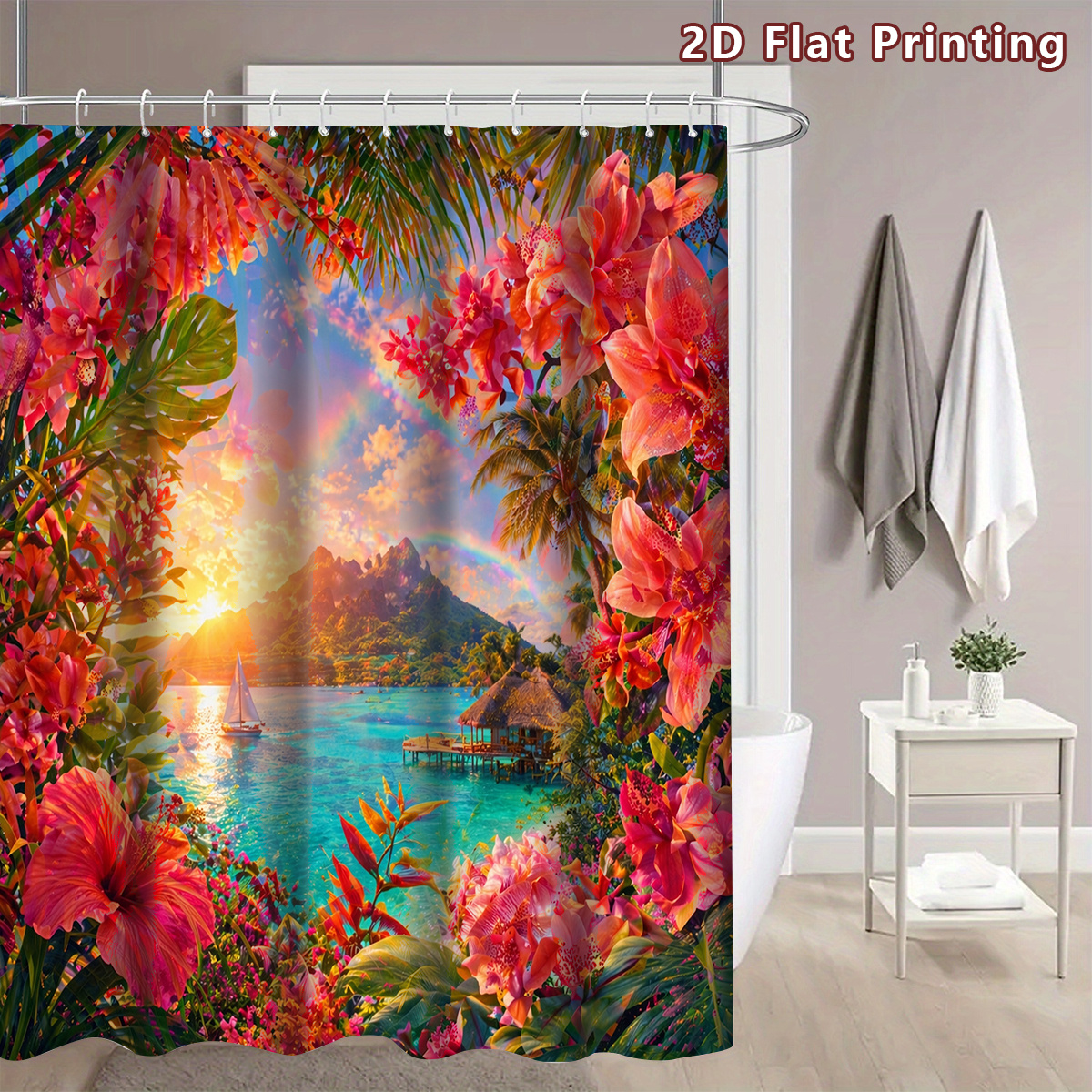 4pcs Tropical Paradise Shower Curtain Set with Bath Mat & U-Shaped Mat