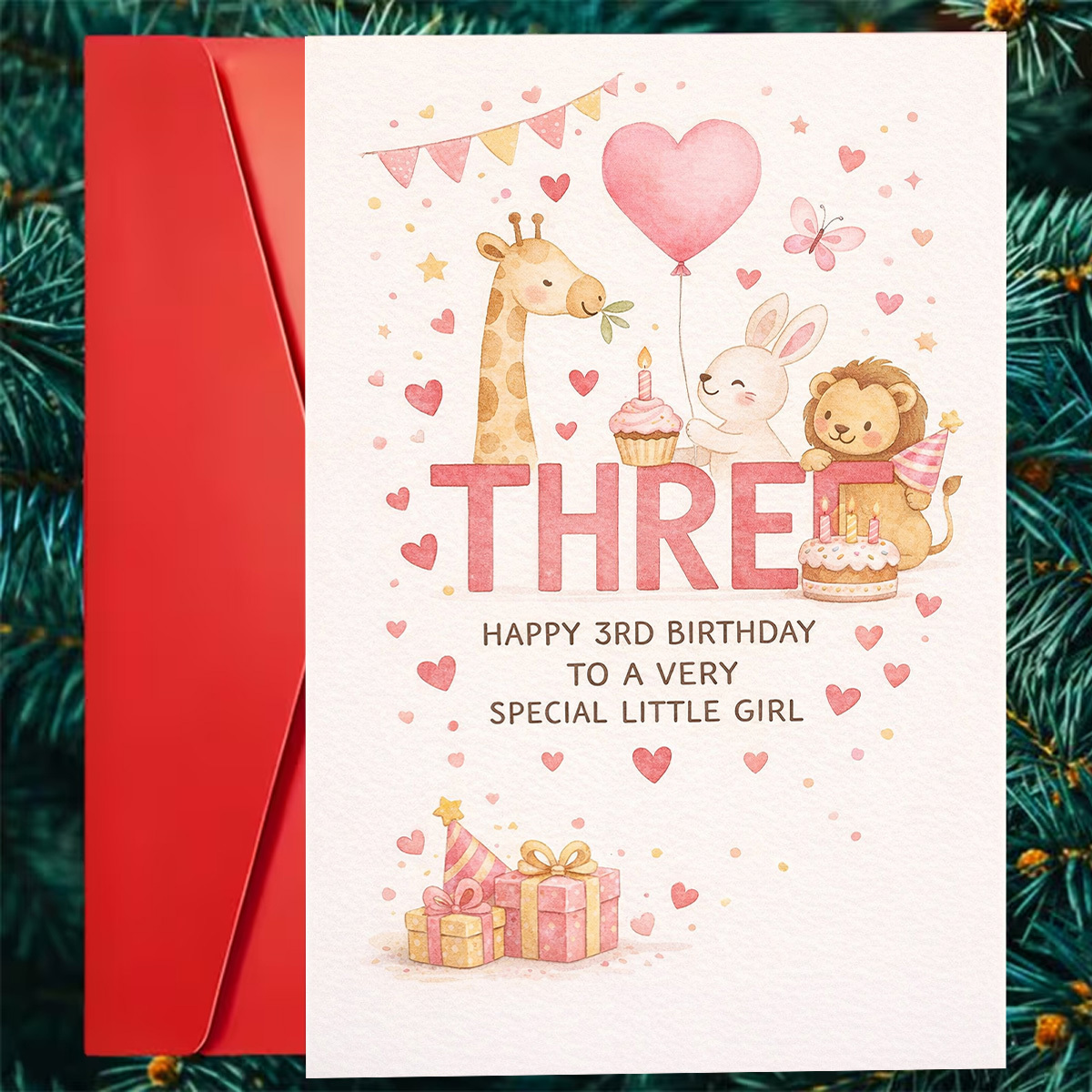 TEMU 1pc Greeting Card And 1pc Envelope. 2d Flat Cute - Birthday Card, And Animal Party Scene, With "happy 3rd Birthday To Special Little Girl" Text,