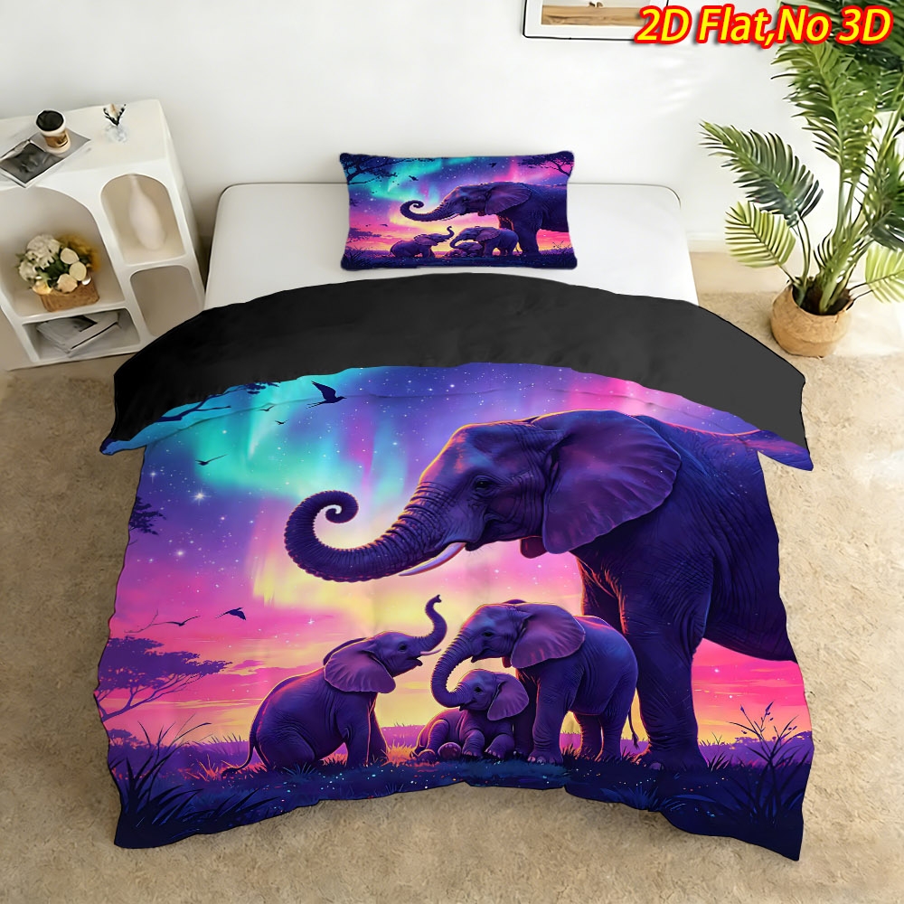 TEMU 2/3pcs 2d Flat Printing [spring And Summer New Arrival] Aurora Starry Sky Prairie Elephant Theme Duvet Cover Set, Optional, Skin-friendly And