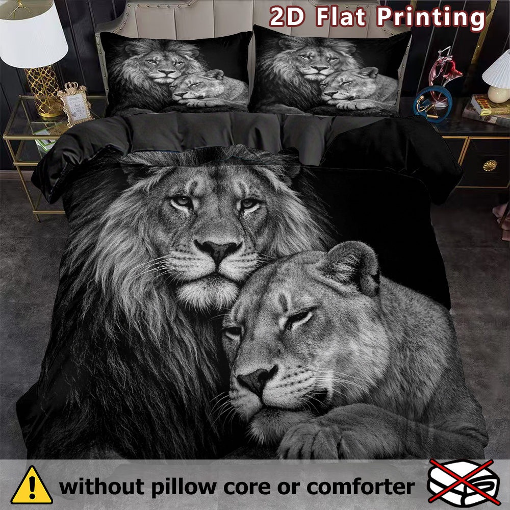 TEMU 3pcs 2d Flat Lion Duvet Cover Set, Monochrome Print, Animal Print, Breathable Polyester, , Machine Washable, , No Insert For Bedding (1duvet