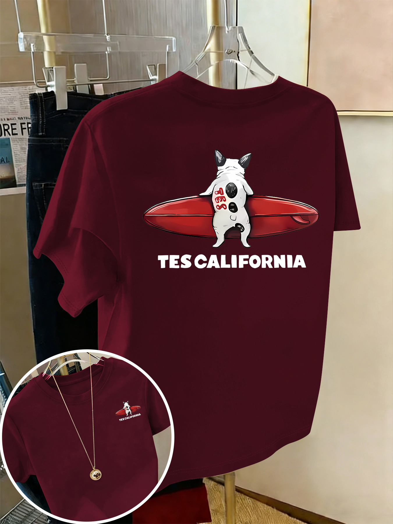 short sleeve t shirt with front and back panels french bulldog surfing fashion print womens spring summer trendy printed t shirt fashionable item weekend dates   travel