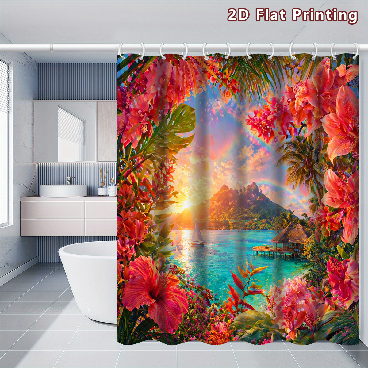 4pcs Tropical Paradise Shower Curtain Set with Bath Mat & U-Shaped Mat