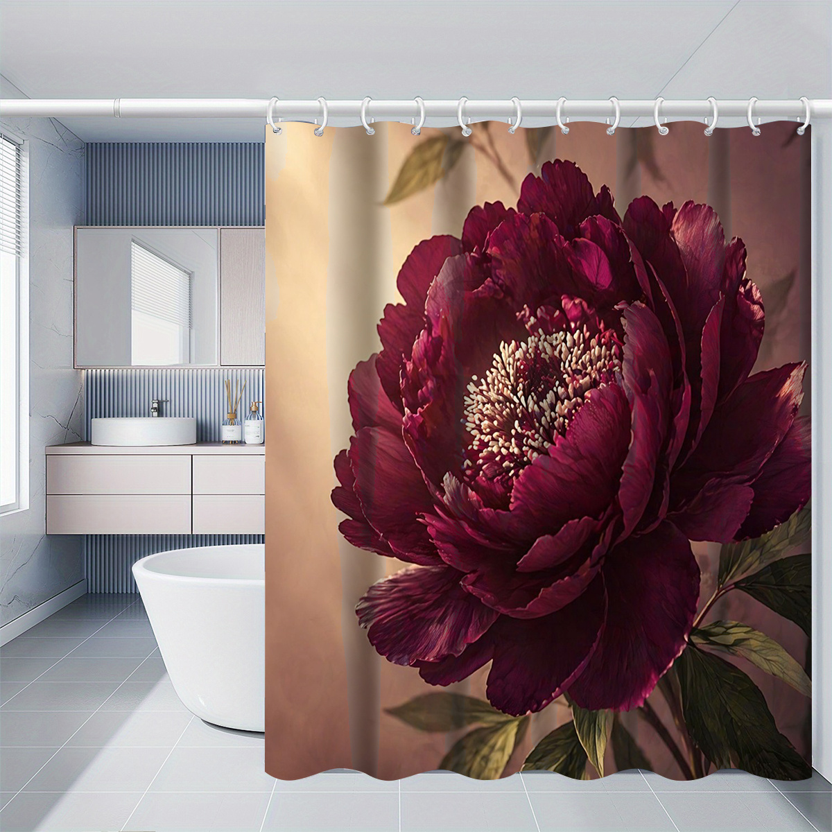 TEMU 2d Flat, 1pc 2d Flat Burgundy Peony Shower Curtain, Bathroom Decor, Options 120x180cm 150x180cm 180x180cm 180x200cm 240x200cm Includes Hooks,