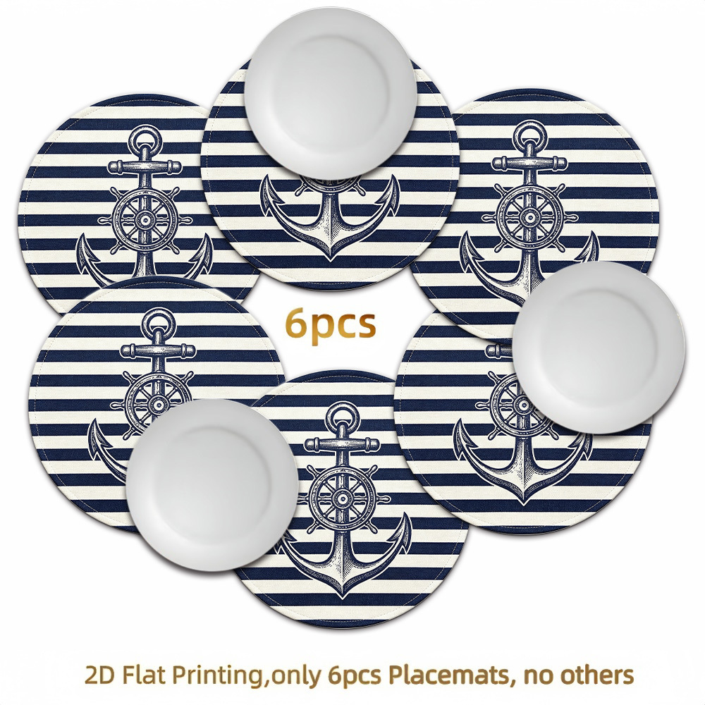 TEMU 6pcs Nautical Placemats Suitable For Indoor/outdoor - Round Heat-resistant Table With Striped Anchor, Non-slip Surface, Easy-to-clean Suitable