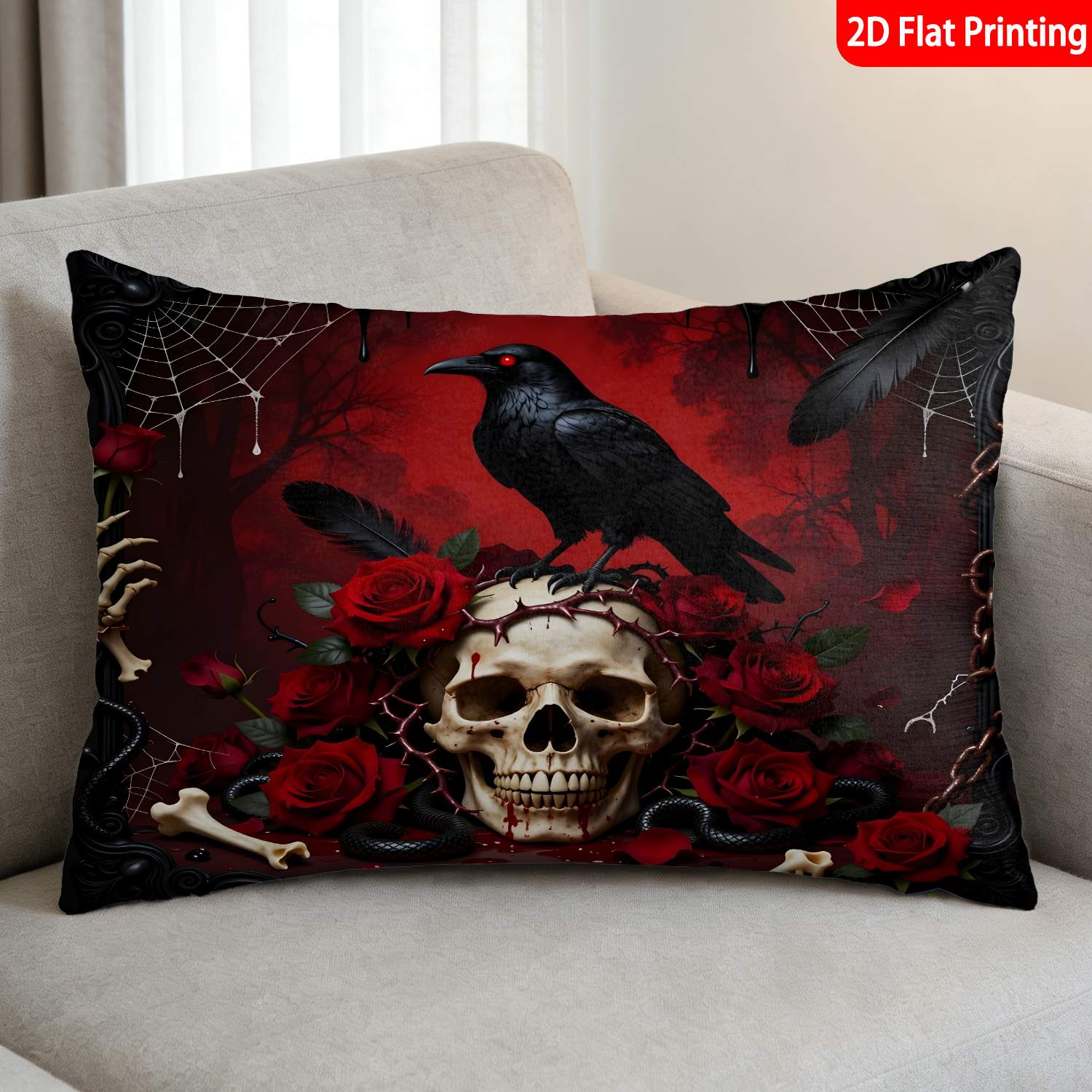 TEMU 1pc Pillowcase, (pillow Inserts Not Included) 2d Flat Print Gothic Red Roses Black Art Printing, Black Color, Ideal For Home Decoration, Stylish