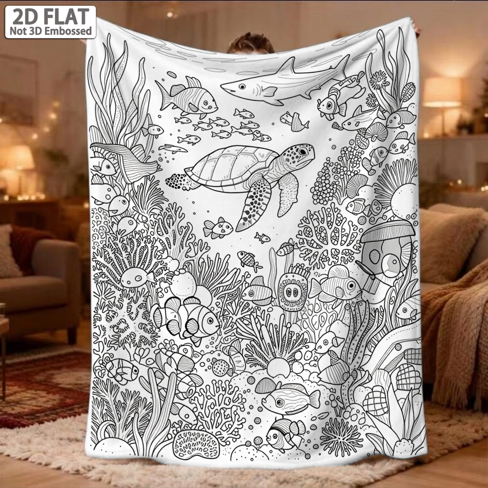 TEMU 1pc Ocean-themed Coloring Blanket, Suitable For Home, Office, Camping Blanket | Fleece Bedspread With Coloring Page, Adult Use | English-labeled