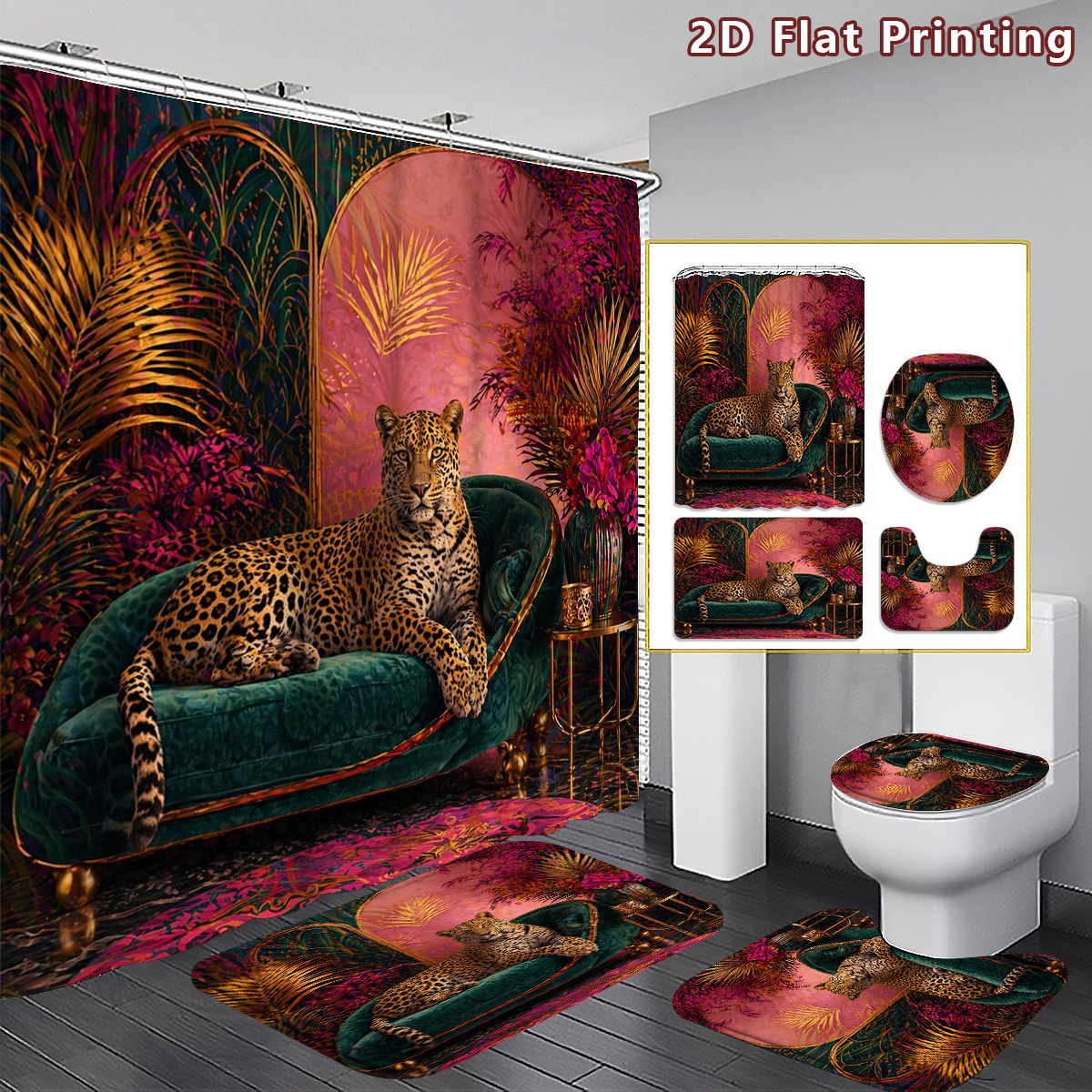 TEMU 2d Flat, 2d Flat 4pcs Exotic Leopard Shower Curtain Set, Pink And - Inspired Bathroom Decor, Accessories With Bath Mat, U - Shaped Mat, Toilet