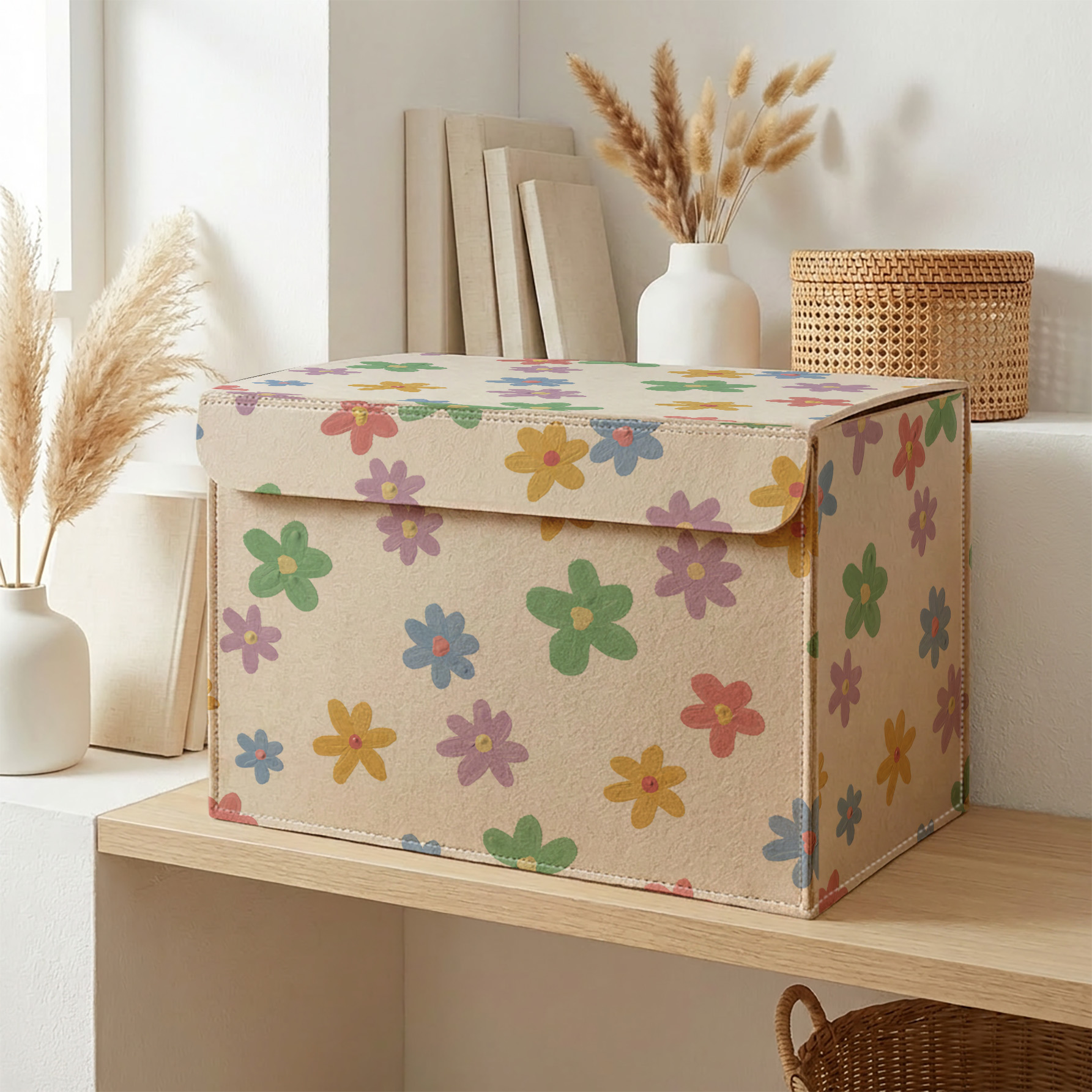 TEMU Boîte de rangement 1 pièce en feutre avec couvercle à à fleurs de printemps - Convient aux locataires/étudiants/, conteneur en feutre pour