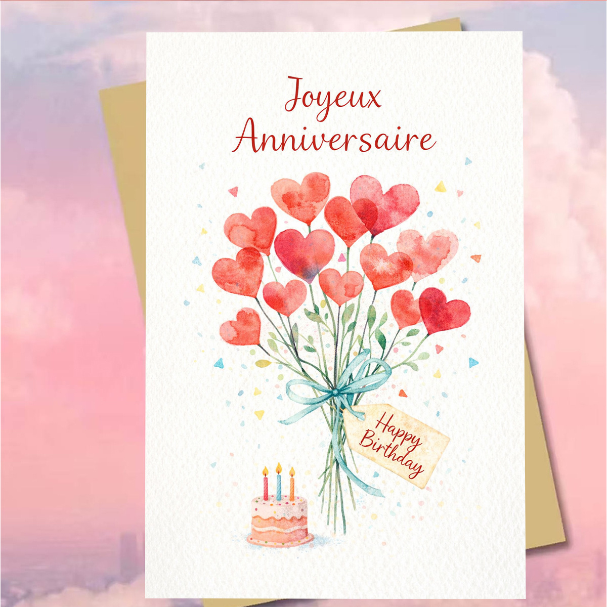 TEMU 1 Set (Un Sobre y un Tarjeta) Tarjeta de de con , Tarjeta Francesa de Aniversario, Diseño de Ramo de Flores con Texto de para Amante, , Sobre de