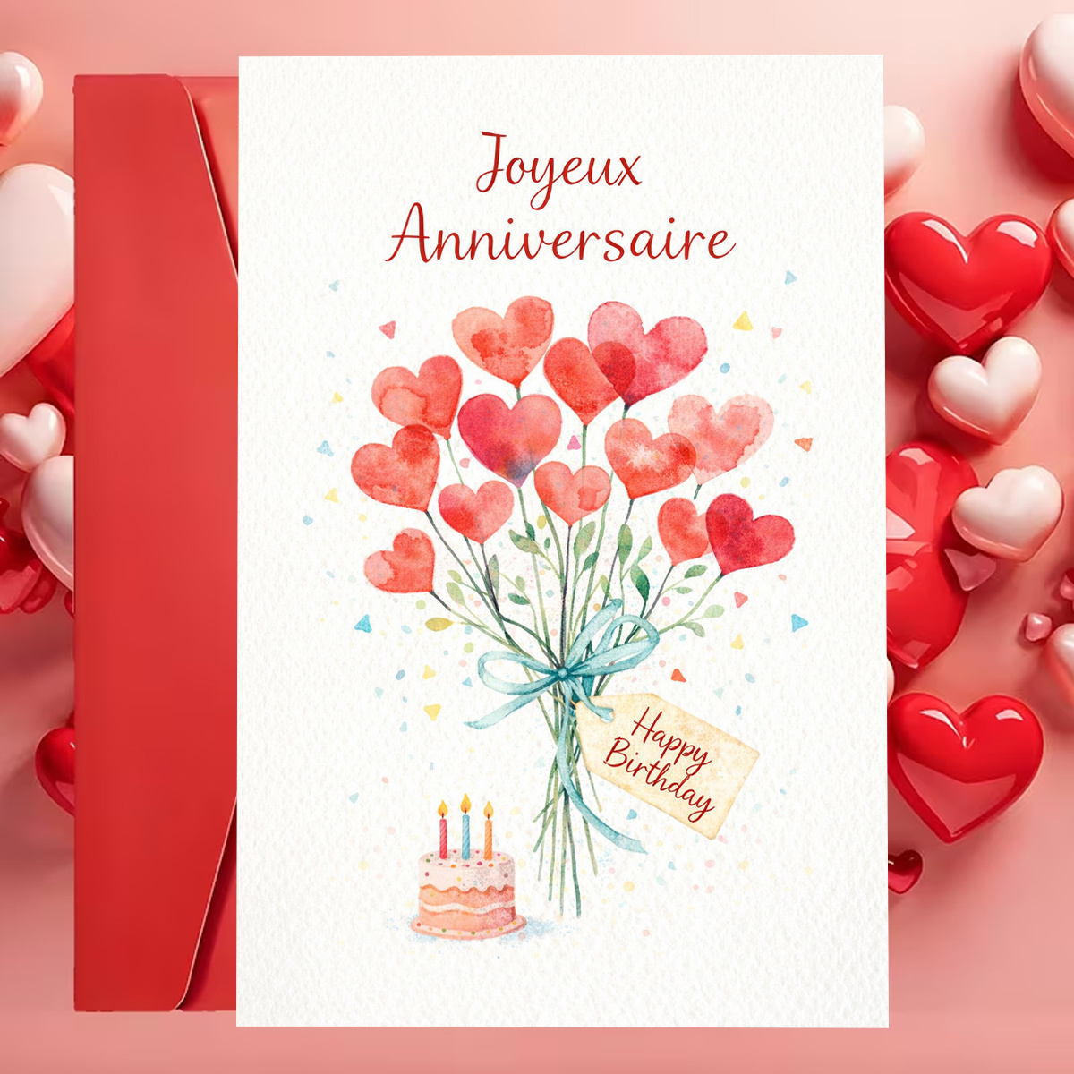 TEMU 1 Set (Une Enveloppe et une Carte) Carte d'Anniversaire Coeur Aquarelle Anniversaire Français d'Anniversaire Design Bouquet pour Ami Papier