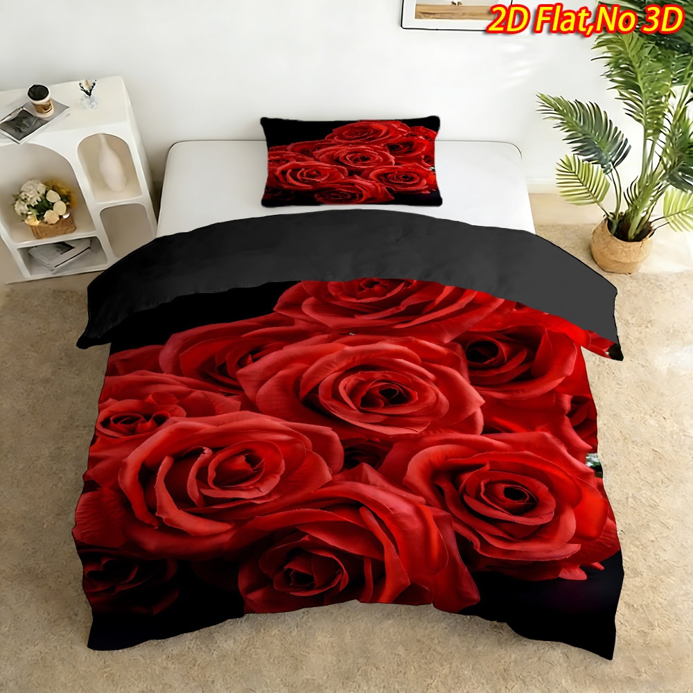 TEMU 2/3pcs 2d Flat Printing New Arrival Black Background Romantic Blooming Red Rose Theme Duvet Cover Set, Multiple Sizes , Skin-friendly And Soft,