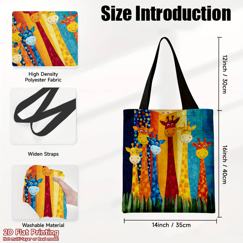 TEMU 1pc Stylish And Practical Handbag, Reusable, Multi-functional, Large-capacity Shoulder Bag, Colorful Smiling Giraffes Illustration Pattern,