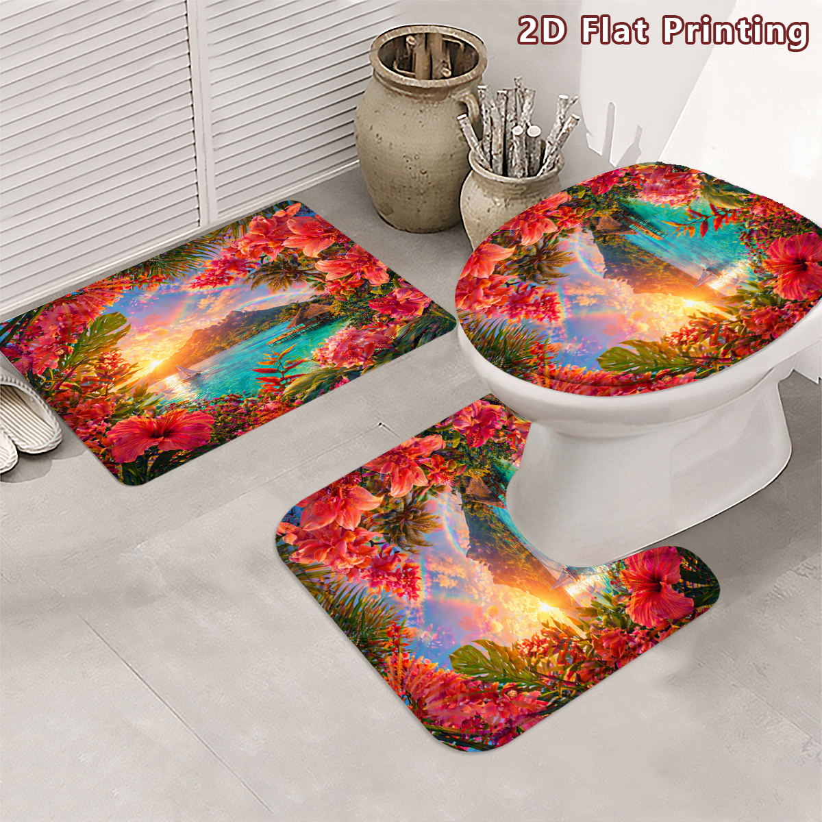 4pcs Tropical Paradise Shower Curtain Set with Bath Mat & U-Shaped Mat
