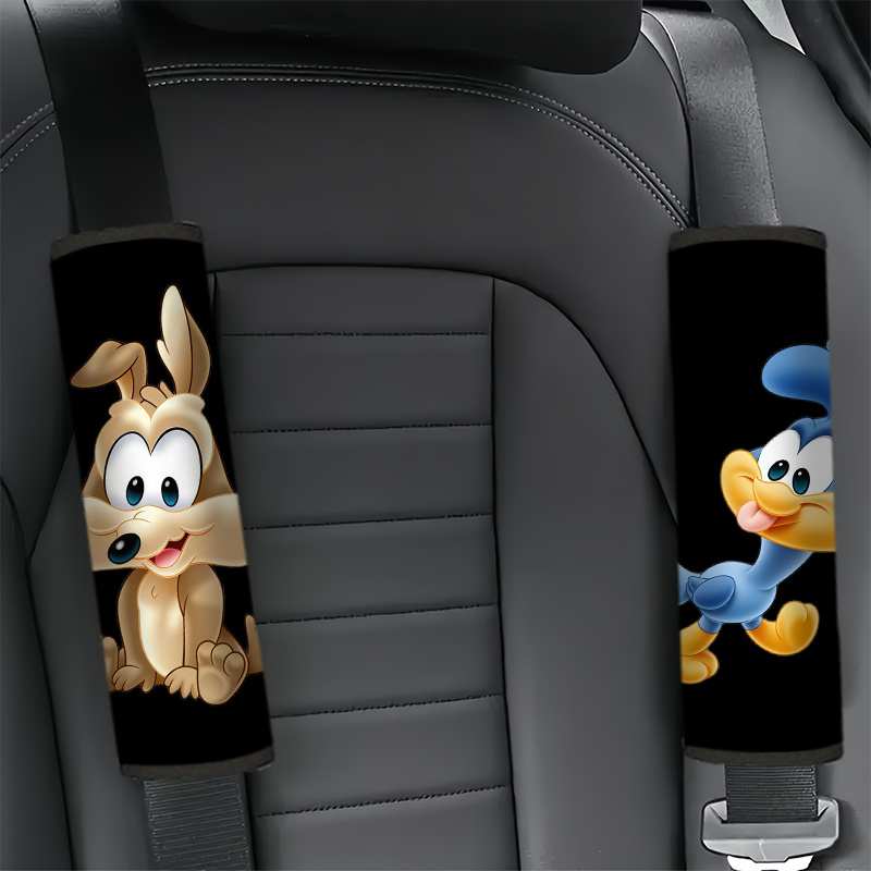 TEMU 2pcs Warner . Cute Cartoon Coyote & Car Seat Belt Cover, Cartoon Style, High-quality Material, Sleek , Universal Car Compatibility, Soft