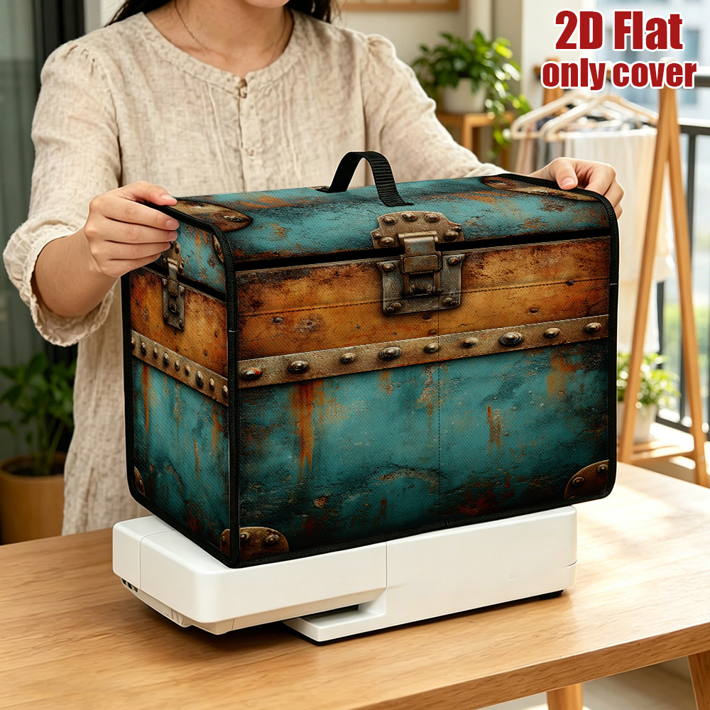 2D Flat, 1pc Rusty Metal Chest Lid Vintage Sewing Machine Cover, with Large Capacity Portable & Top Handle Sewing Supplies Dust Cover, Suitable for Home, Travel, Use, Fits for Machine - Sewing Lovers Essential, Perfect Mother'S Day Gift