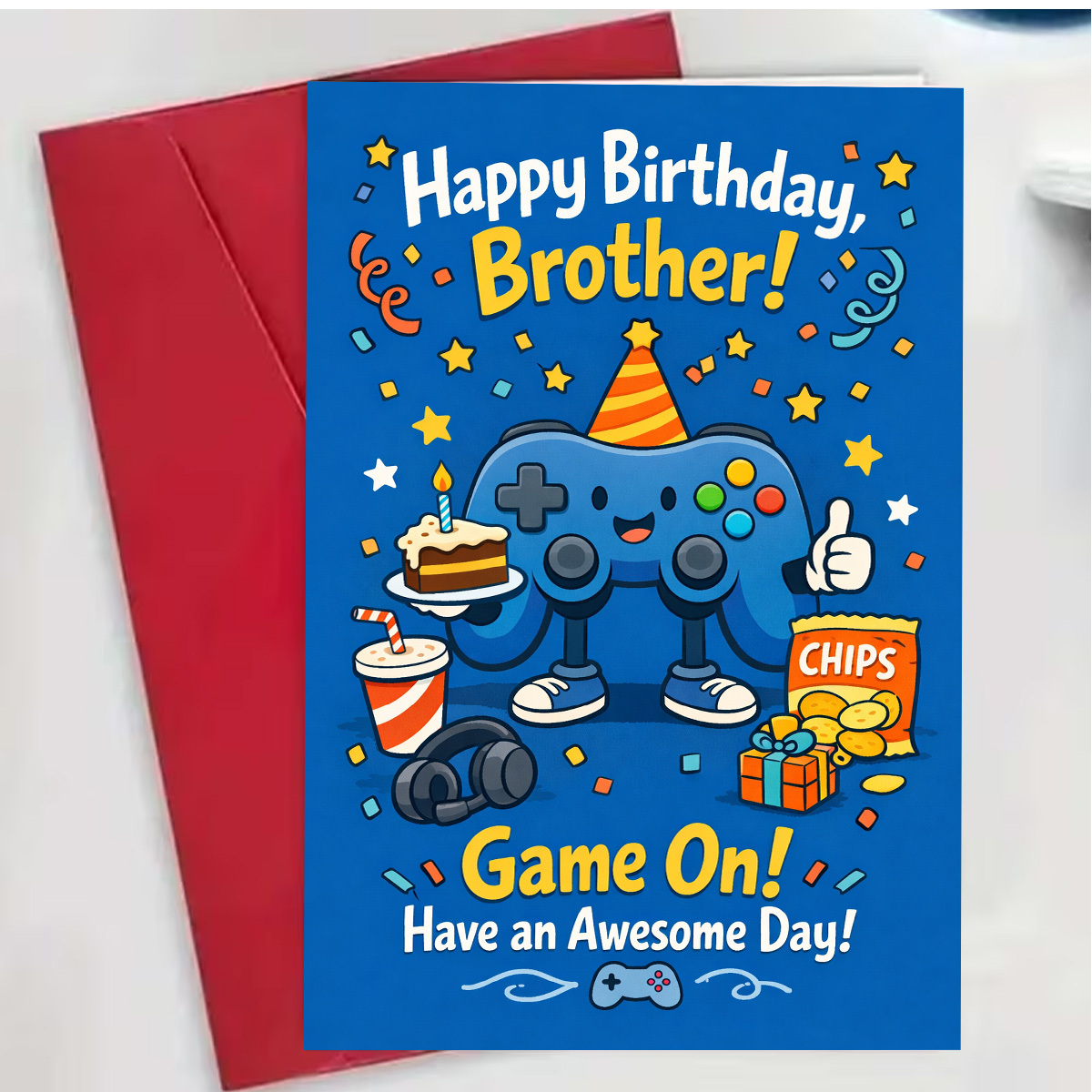 TEMU Colorful Birthday Brother Greeting Card, Featuring A Cute Game Controller And Party Hat Design, With The Birthday Message "happy Birthday