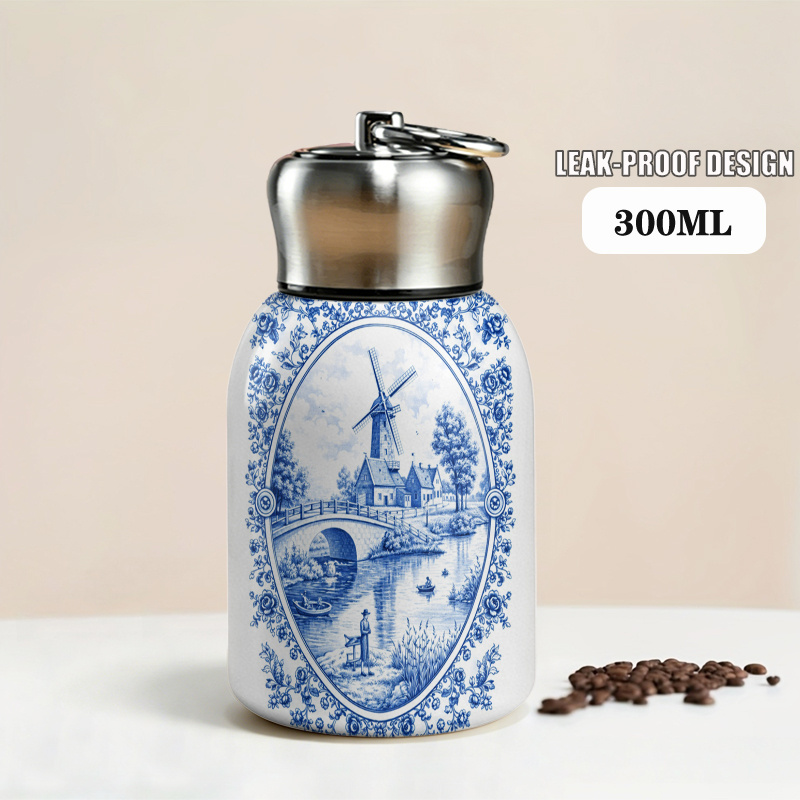 TEMU 1pc 10oz Stainless Steel Insulated Coffee Cup, Reusable Coffee Cup With Blue And White Porcelain Theme Design, Perfect For , Colleagues, , Gifts