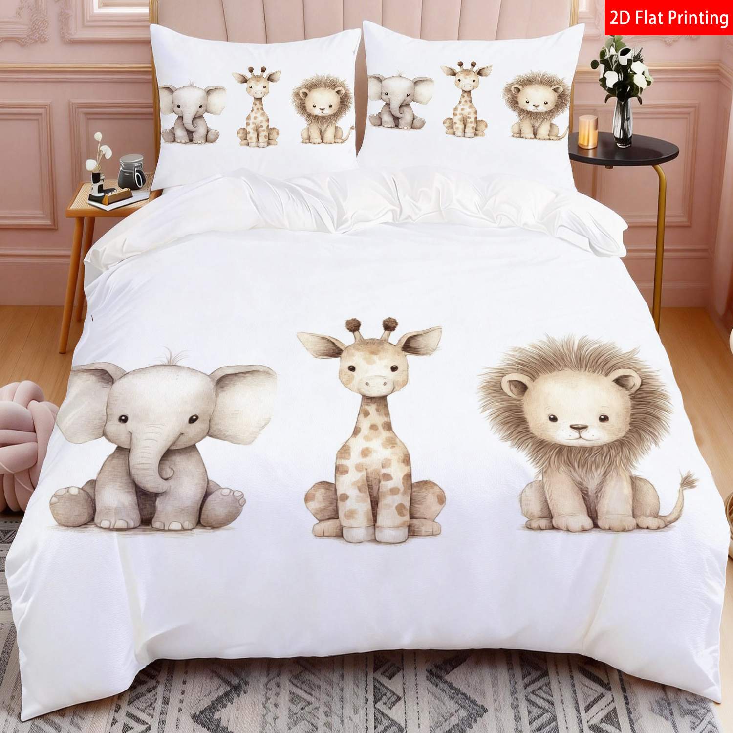 Cute Animal Themed Quilt Cover Bedding Set, Beige & White Prints