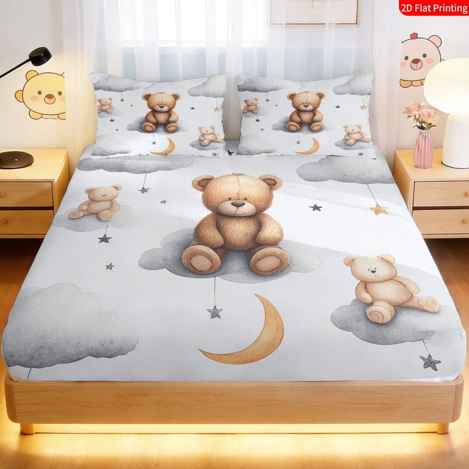2/3pcs Cute Cartoon Style Teddy Bear And Clouds Theme Bedding