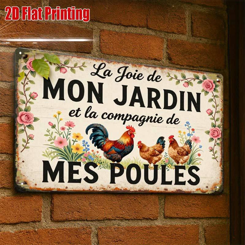 TEMU 2D Plat - 2D Plat 1pc, Panneau de Jardin Vintage avec Poulets et Fleurs, Panneau en Laiton Créatif - 8X12, Art Mural Café Garage Cadeau pour