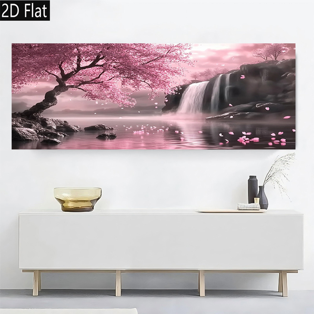 TEMU 2d Flat, 2d Flat, 2d Flat 1pc Pink Cherry Waterfall Scene Gift Ready Frameless Canvas Wall Art Modern Retro Poster For Home Office Decor High