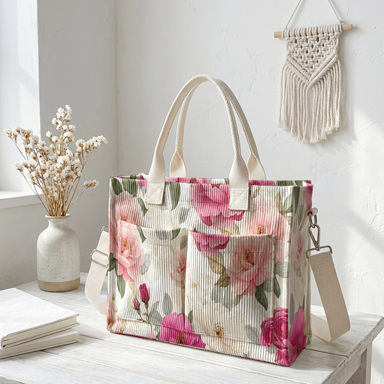 TEMU 1pc, Women's Crossbody Bag, Pink Floral Pattern 2d Print, Corduroy Multi-pocket, Dual-use Tote/crossbody | Daily /shopping/student/office
