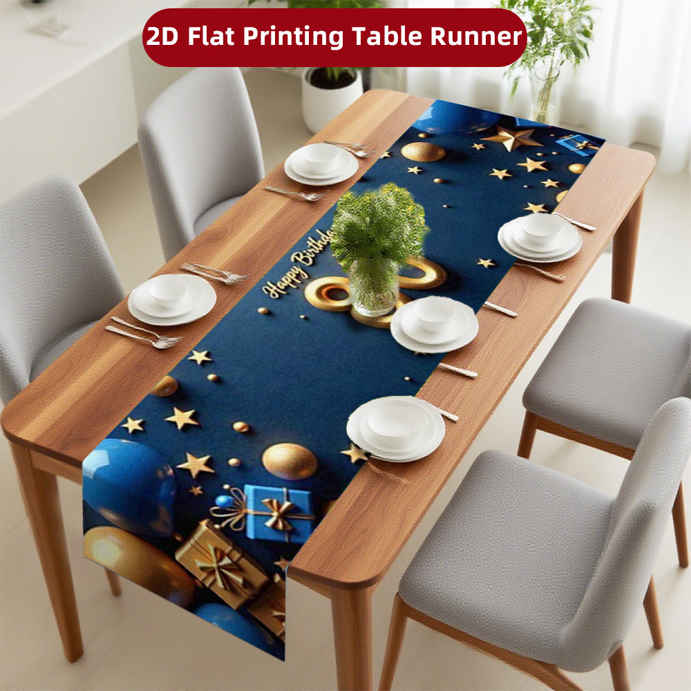 TEMU 2d Plane Tablecloth Polyester Thickened Wear-resistant Light Luxury 80th Birthday Blue And Golden Pattern Decoration Table Runner, Suitable For