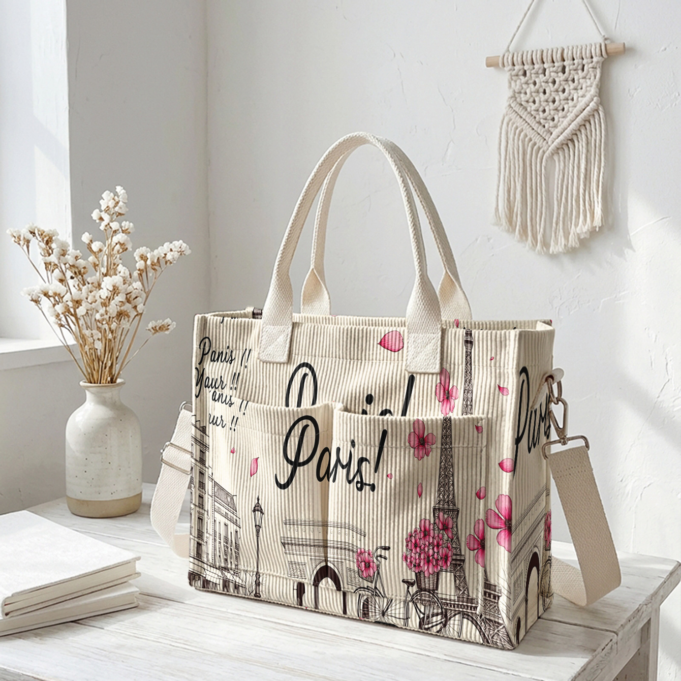 TEMU 1pc, Women's Crossbody Bag, Paris Scenery "paris!" 2d Print, Corduroy Multi-pocket, Dual-use Tote/crossbody | Daily /shopping/student/office