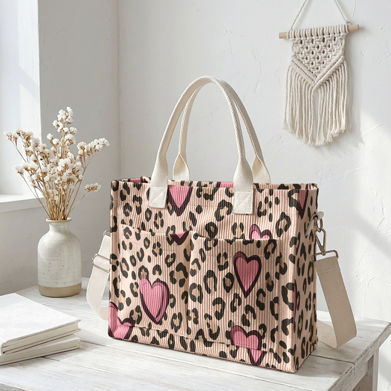 TEMU 1pc, Women's Crossbody Bag, Leopard Print Heart Pattern 2d Printing, Corduroy Multi-pocket, Dual-use Handbag/crossbody | Essential For Daily