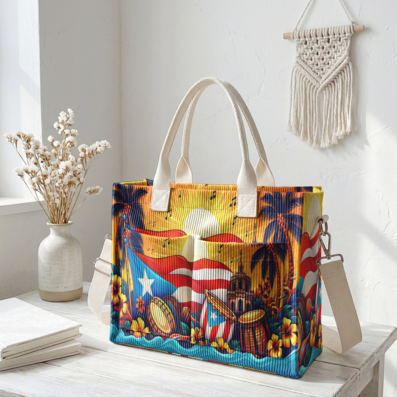 TEMU 1pc, Women's Crossbody Bag, Puerto Rican Style Pattern 2d Print, Corduroy Multi-pocket, Dual-use Tote/crossbody | Daily