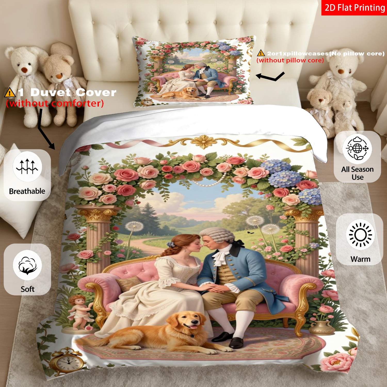 TEMU 2/3pcs 2d Flat Printing Vintage Romantic Rococo Quilt Cover Bedding Classical Oil Painting Print Pattern With Floral Frame, Couple, Golden